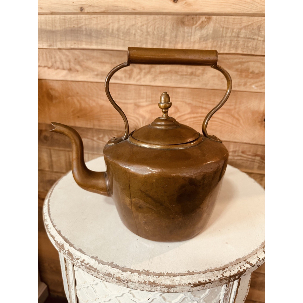Vintage Antique Georgian Copper Tea Kettle Gooseneck Spout Acorn Finial 1800s